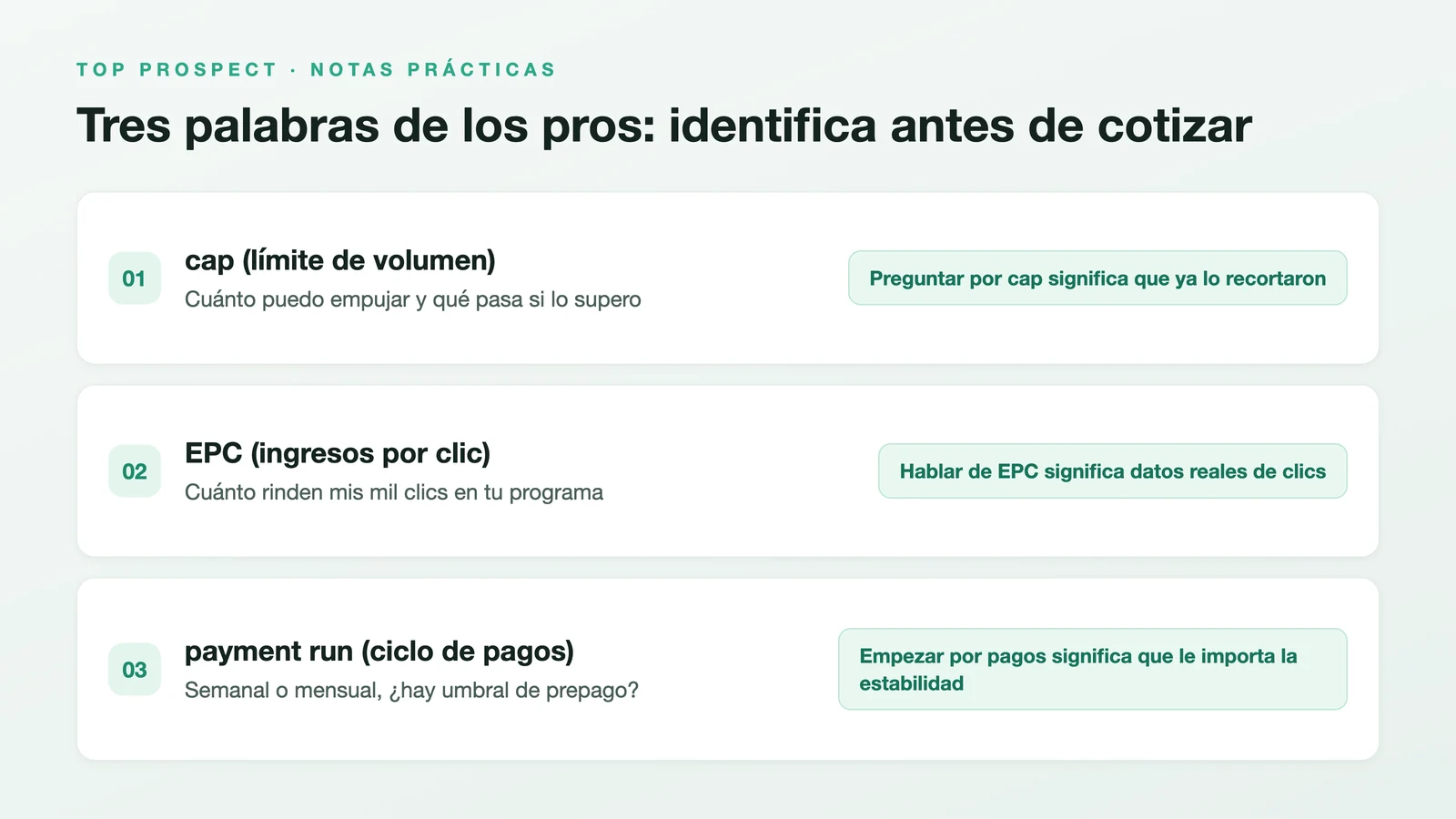 El diagrama muestra los tres términos de la industria y cómo leerlos: preguntar por el cap significa que ya lo limitaron, hablar de EPC significa que tiene datos reales de clics, y abrir con payment run significa que la estabilidad del pago le importa — los puntos de lectura se toman del texto anterior.