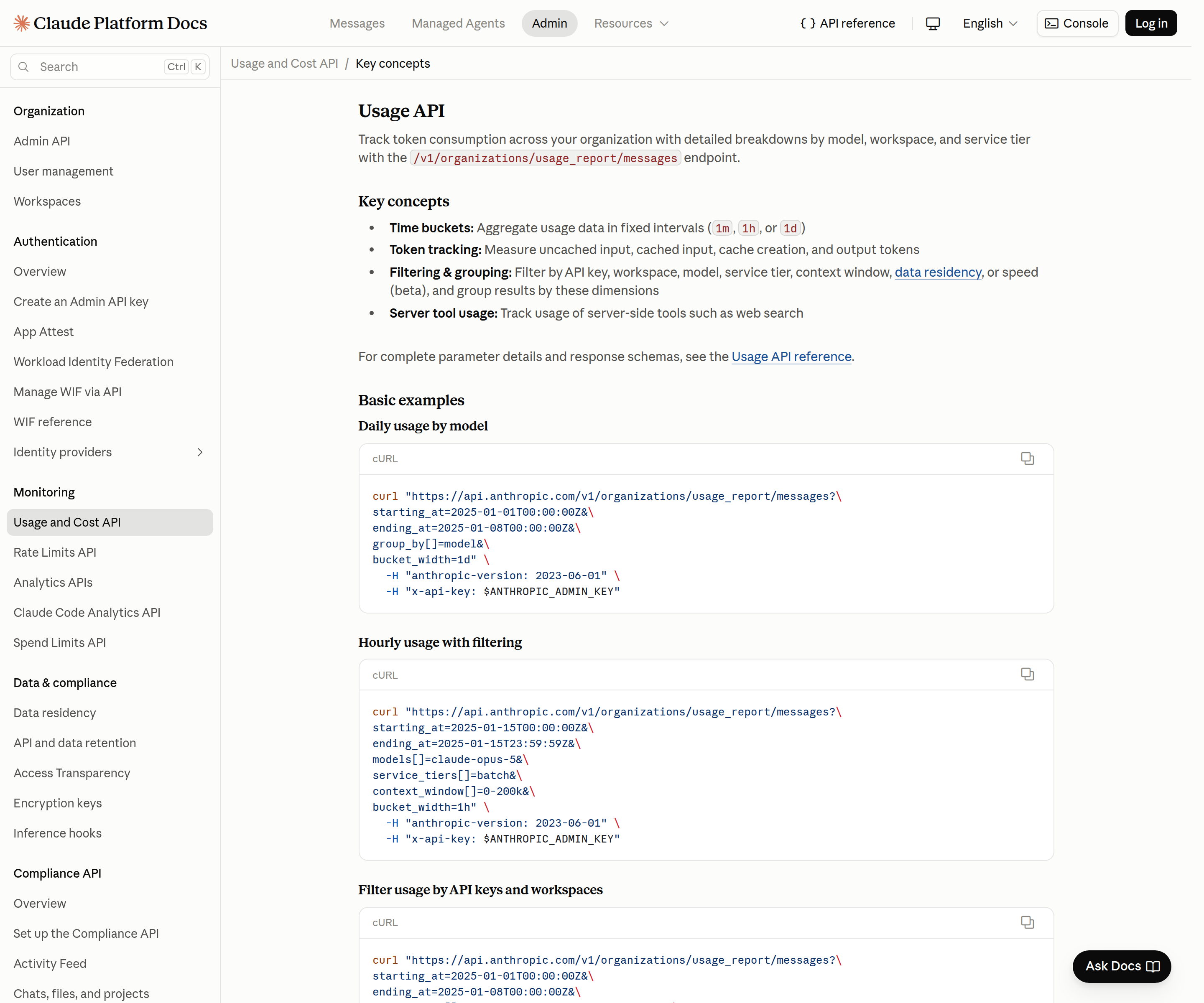 Documentación de Anthropic Usage API que muestra intervalos de tiempo, categorías de tokens y filtrado por clave de API, espacio de trabajo y modelo