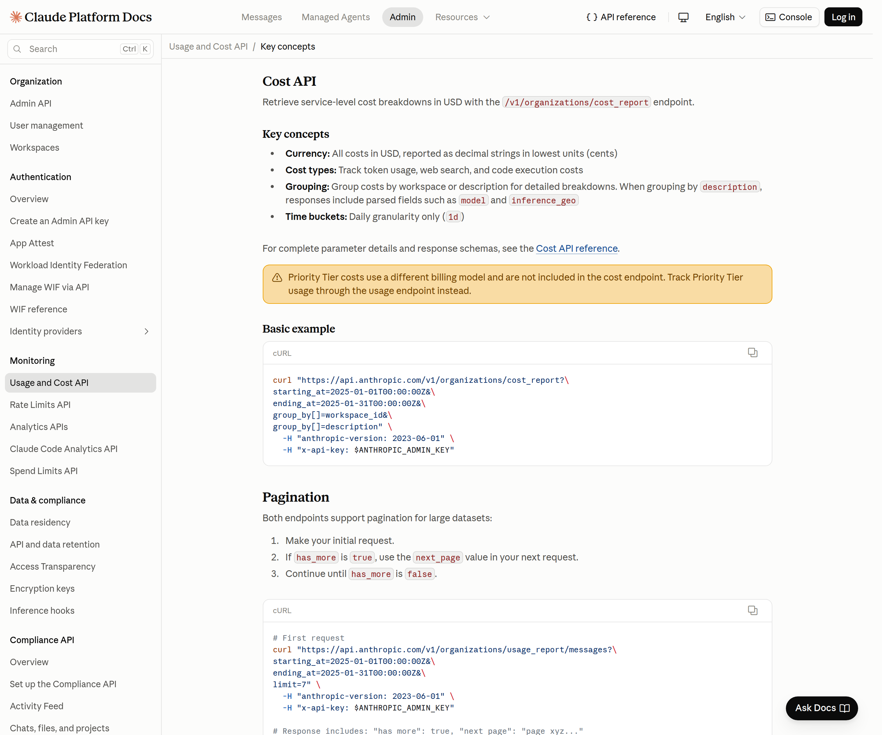 Documentación de Anthropic Cost API que muestra tipos de costes en USD, agrupación por espacio de trabajo o descripción y una limitación de Priority Tier