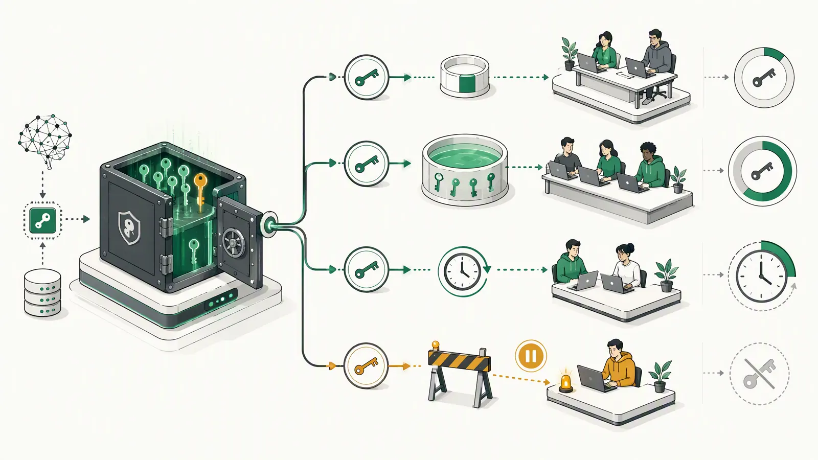 主 Key 向不同开发小组分配访问权限与额度的示意图