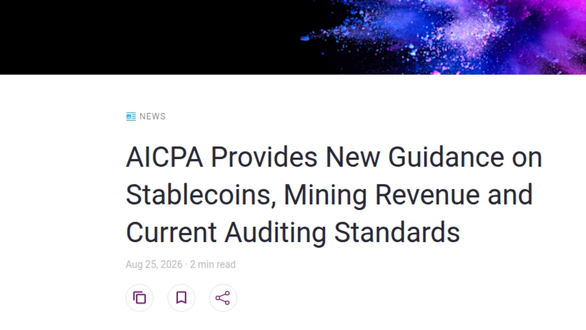 AICPA news page announcing guidance on stablecoins, mining revenue and current auditing standards