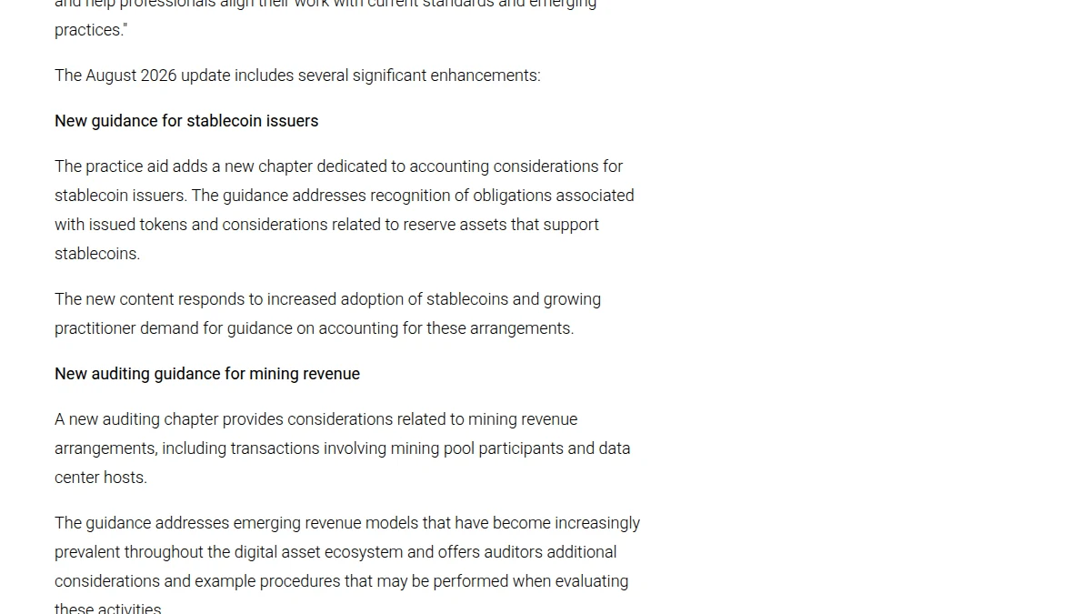 AICPA announcement text describing stablecoin issuer guidance and mining revenue audit guidance