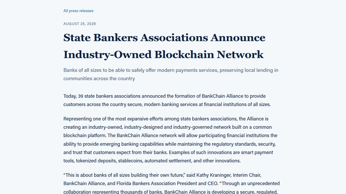 BankChain Alliance announcement by 39 state bankers associations
