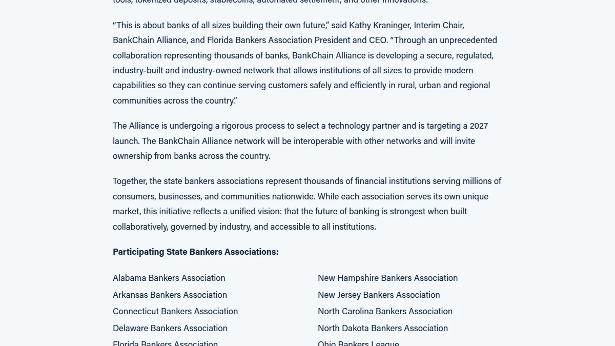 BankChain statement that partner selection is underway and launch is targeted for 2027