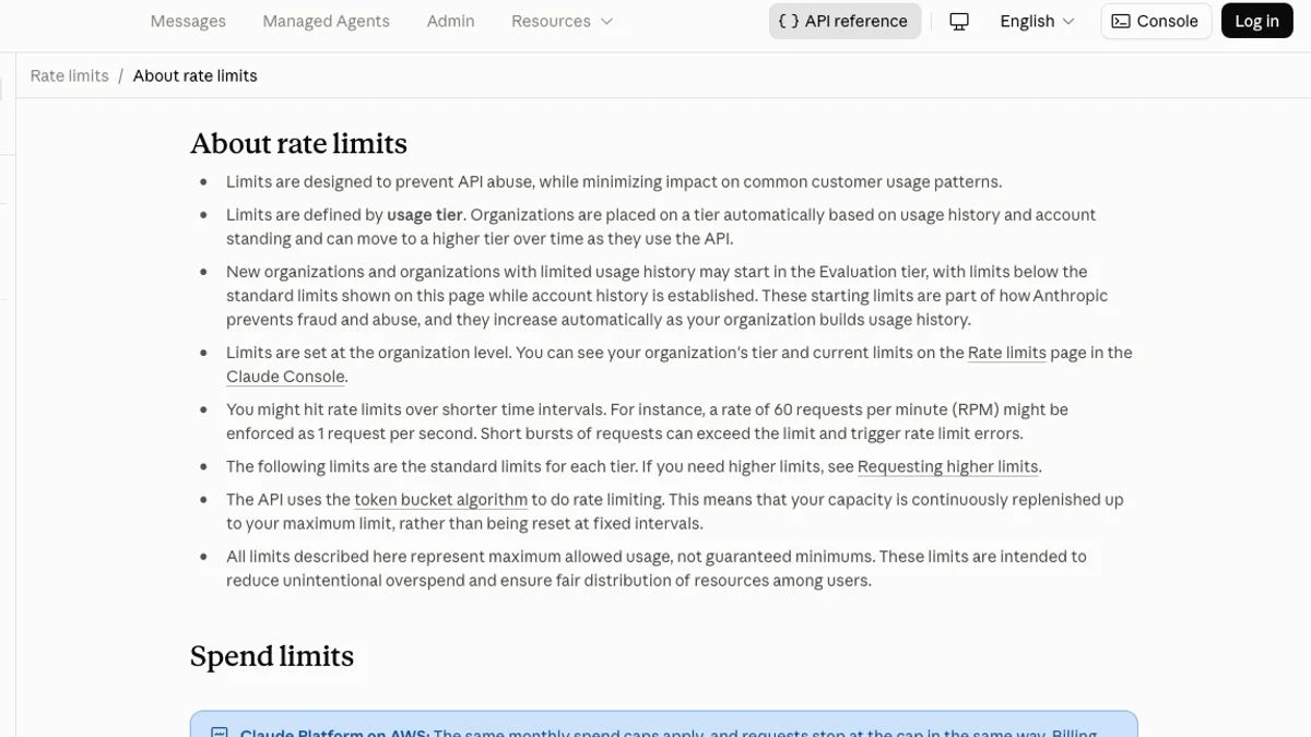 Anthropic documentation showing usage-tier rate limits and a separate spend-limits section