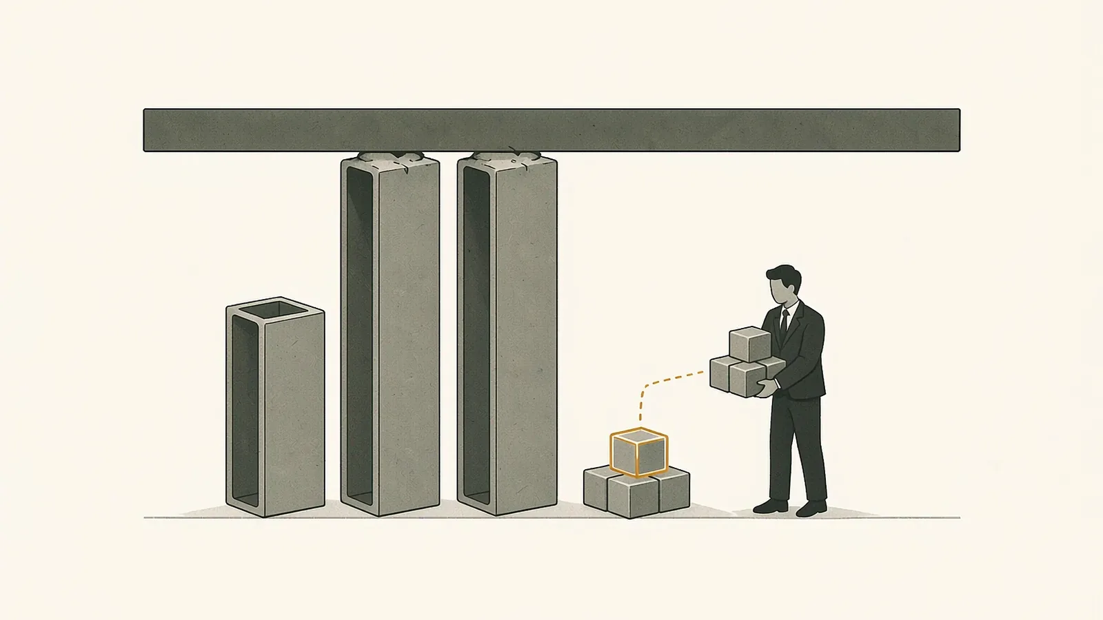 A row of uneven channel pillars pressed against a steel beam, the two taller ones already capped at the top, while a figure in a dark suit moves budget-marked blocks from a saturated pillar onto the one still standing empty