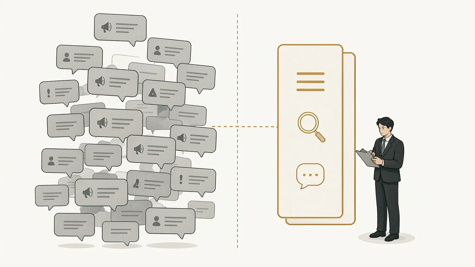 On the left, a large mass of grey message bubbles holding only blank lines, mixed with megaphone and exclamation symbols; a thin dashed line leads the single bubble that extends out from the mass to an amber-outlined sample card on the right showing a small row of bars, a magnifier, and a chat bubble, with an analyst taking notes beside it
