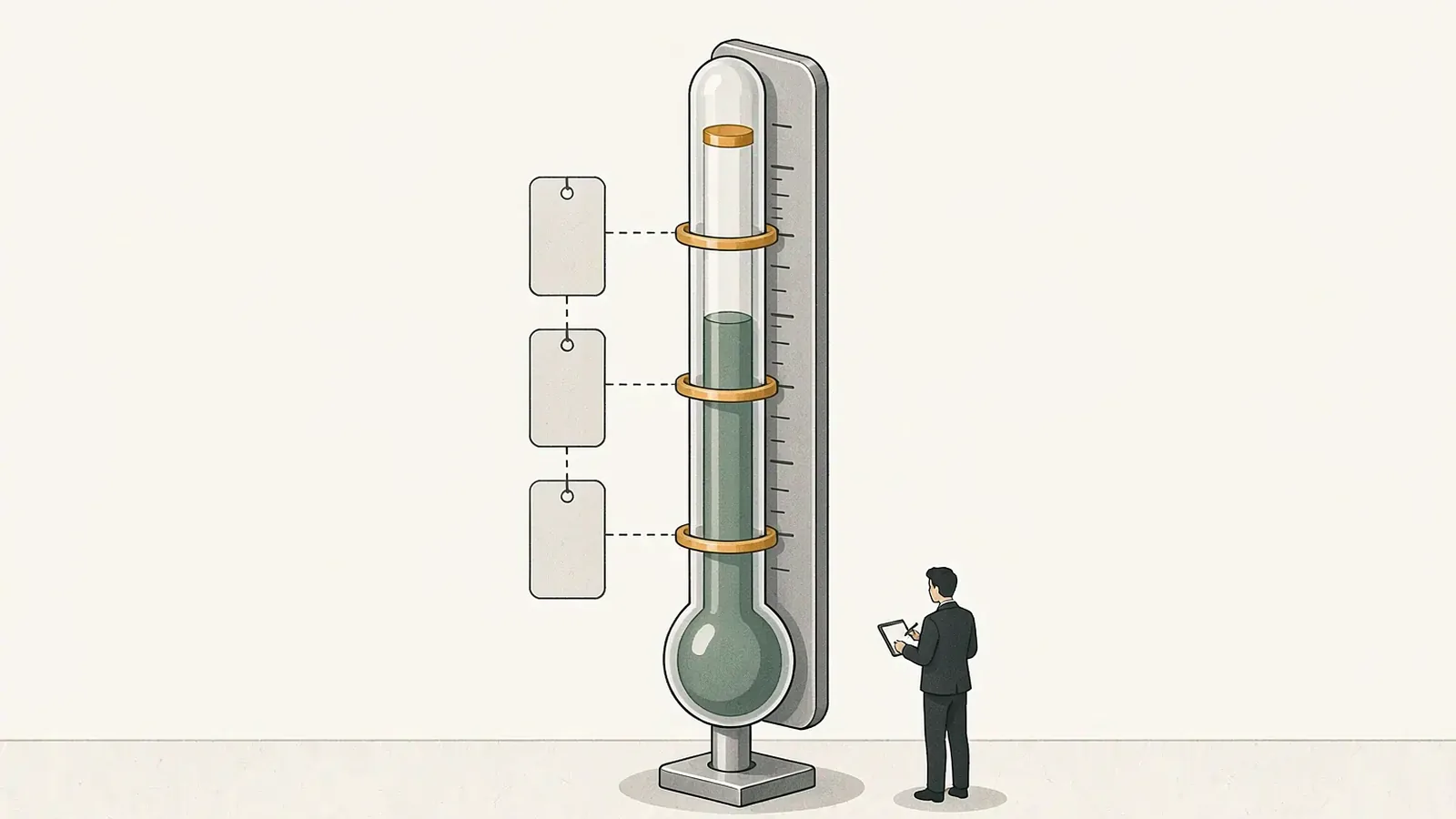 An upright mechanical thermometer mounted on a metal backplate, its glass tube filled with a grey-green column carrying three amber marker rings, with three blank keyword tag plates on the left connected to it by thin dashed lines, and a figure in a dark suit taking notes beside it
