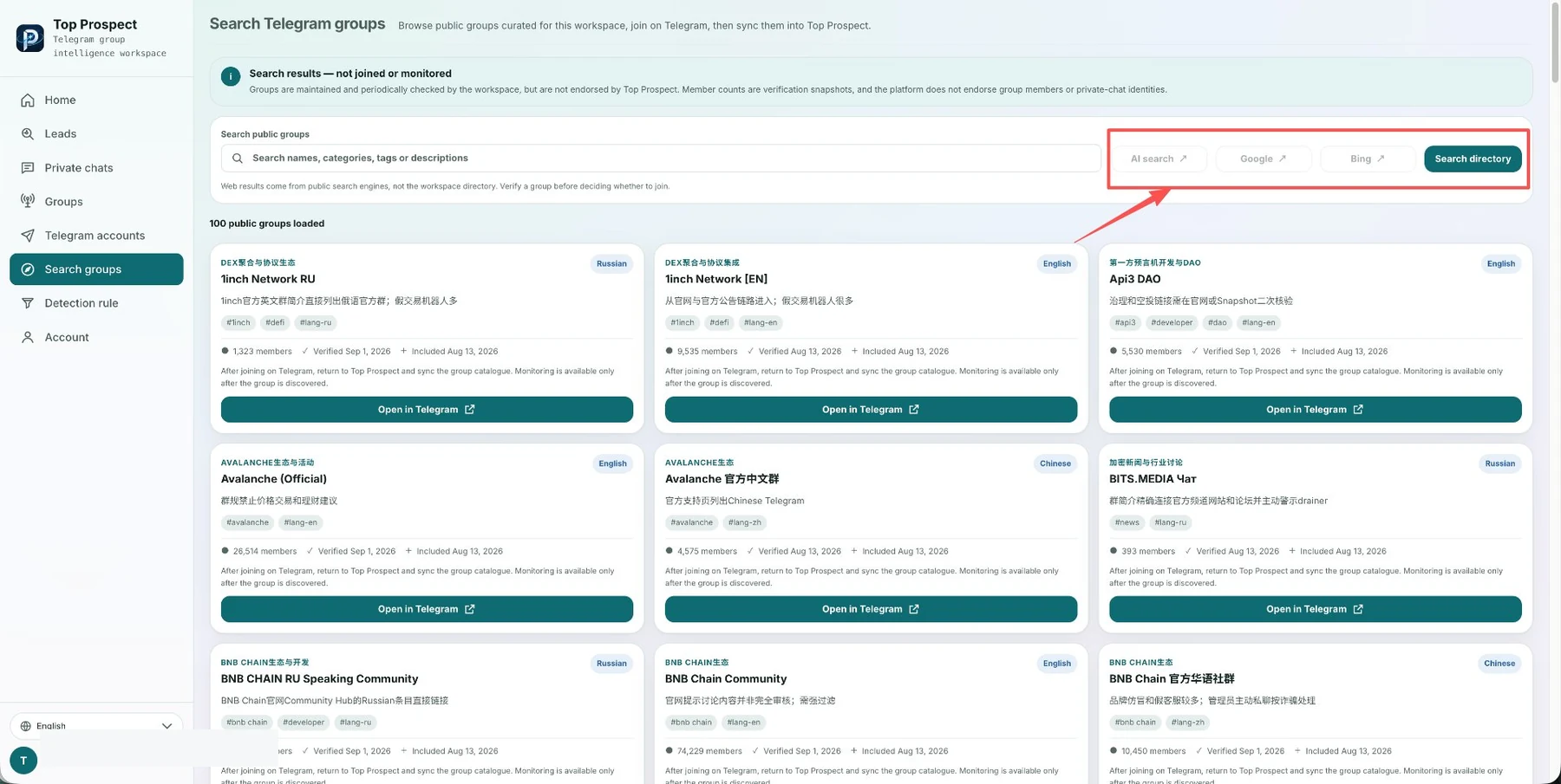 La captura de arriba muestra la página de búsqueda de grupos de TOP Prospect con las cuatro entradas de búsqueda resaltadas. Cada tarjeta de resultado incluye el nombre del grupo, la descripción, las etiquetas de categoría, el idioma principal, el número de miembros, la última verificación y la fecha de indexación: filtra primero y luego únete de forma selectiva.