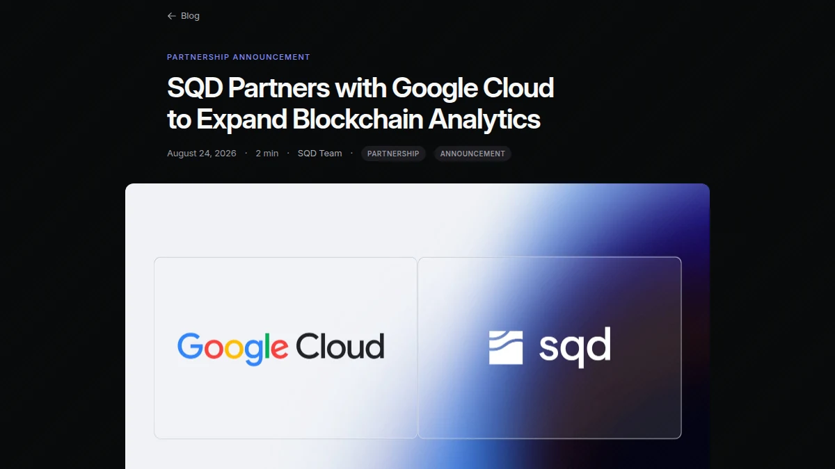 SQD partnership announcement page naming Google Cloud and blockchain analytics