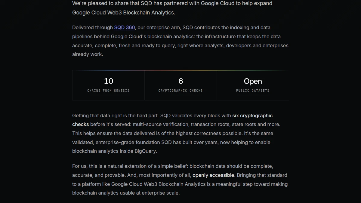 SQD page showing ten chains from genesis, six cryptographic checks and open public datasets