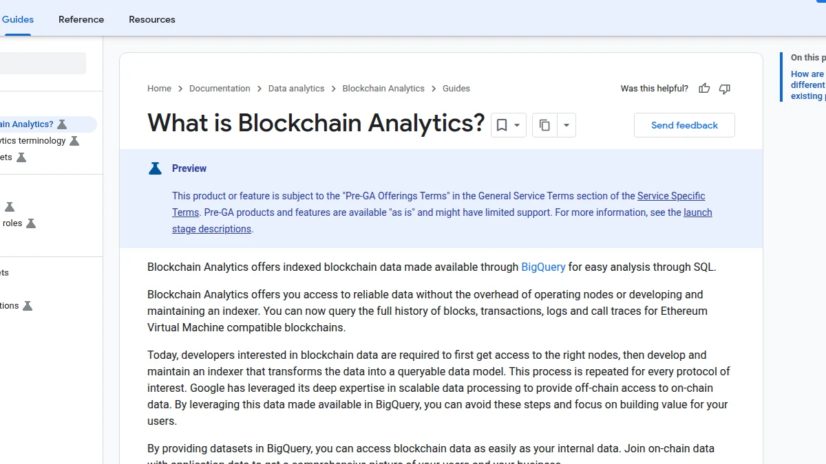 Google Cloud Blockchain Analytics overview showing Preview status and BigQuery SQL access