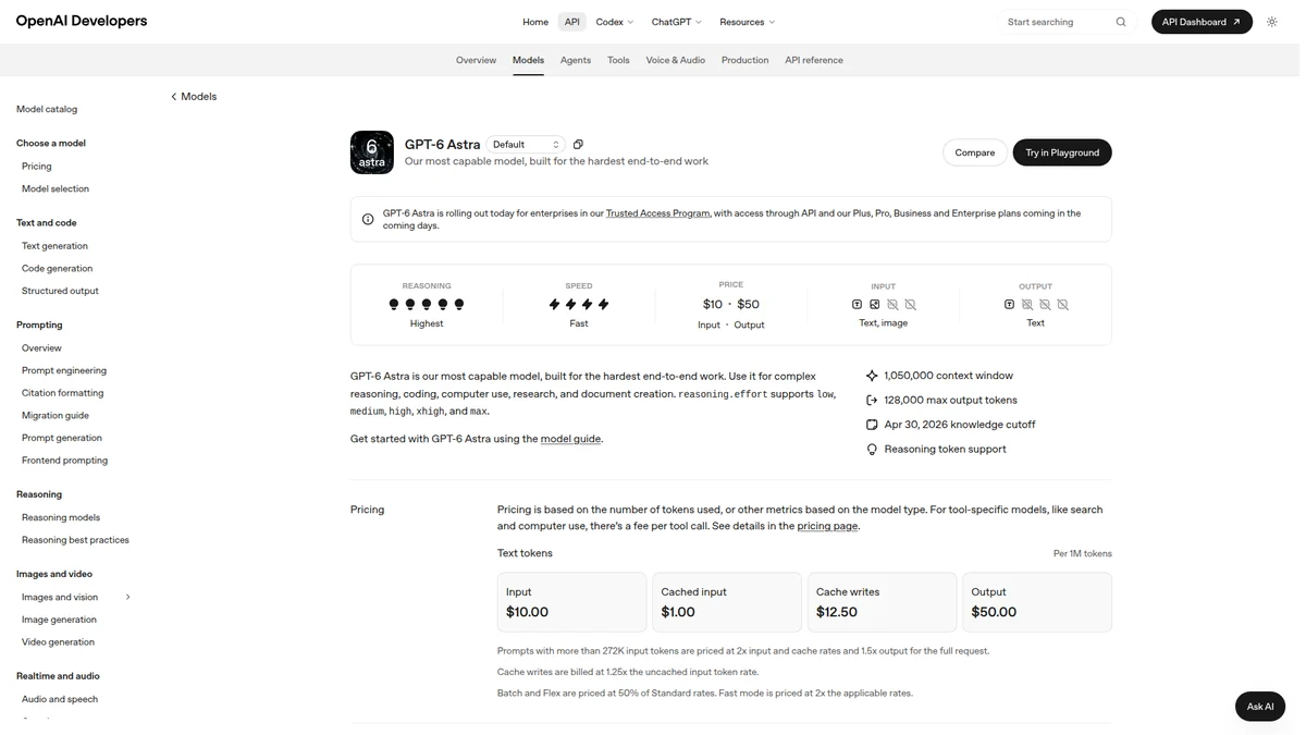 OpenAI's official GPT-6 Astra model page showing staged availability and public pricing