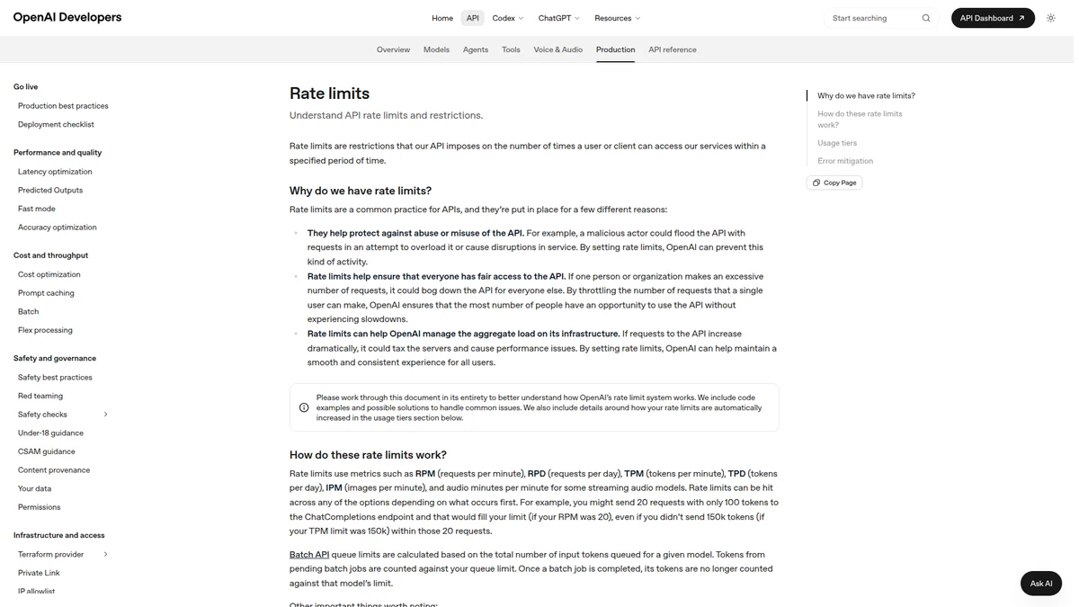 OpenAI documentation explaining RPM, TPM, and batch queue limits