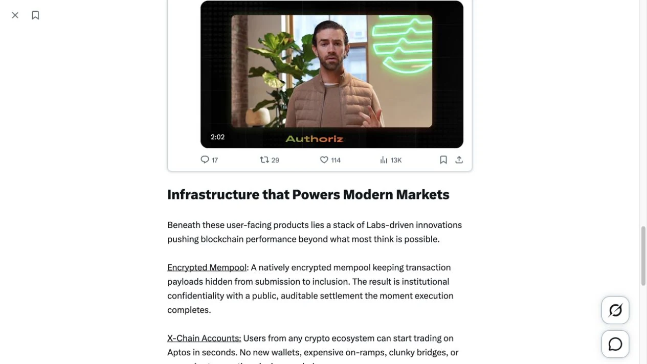 El artículo oficial de Aptos Labs describe la infraestructura para los mercados modernos y un mempool cifrado para la confidencialidad de la carga útil de las transacciones.