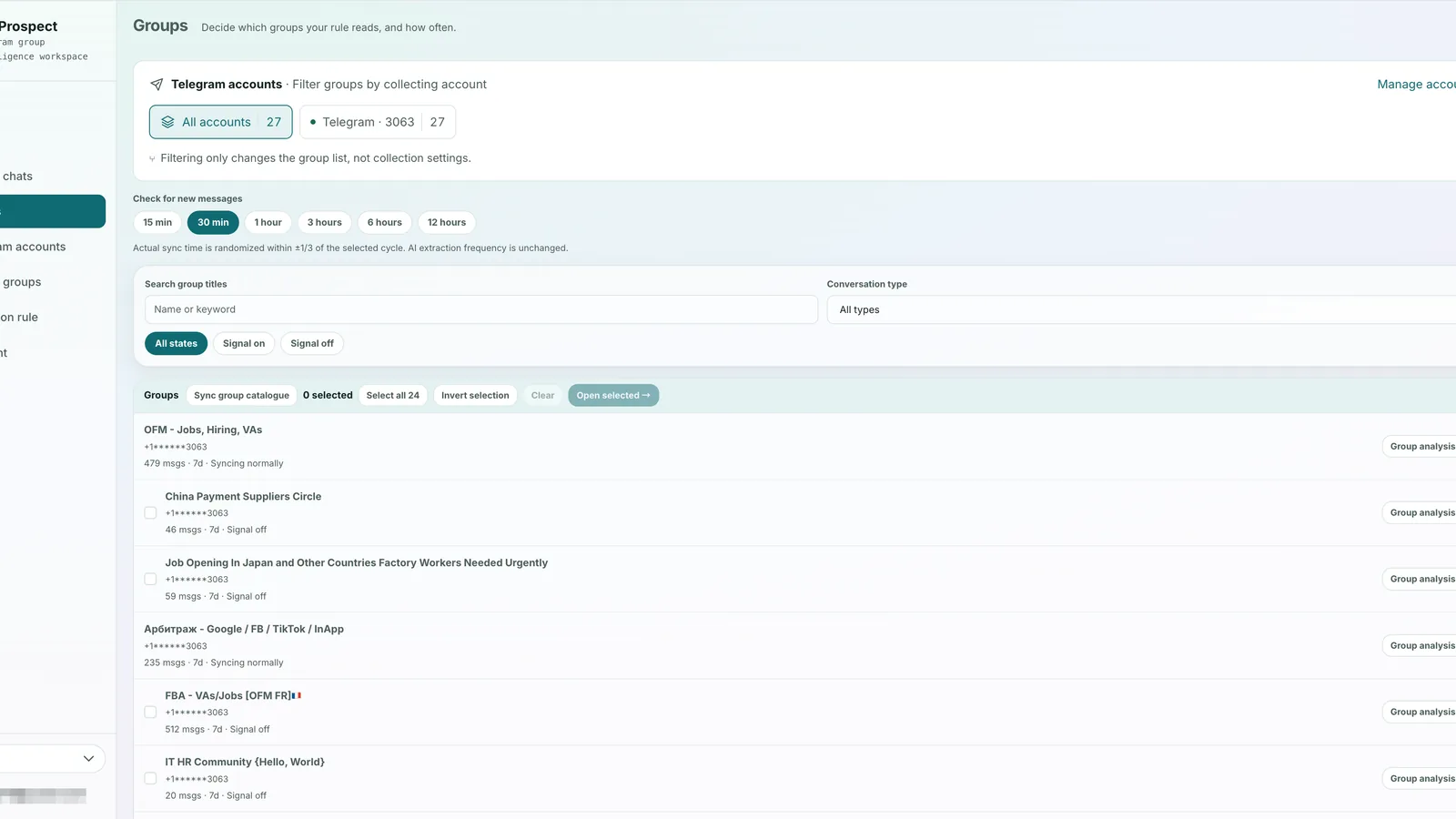 La página de Grupos de Top Prospect, donde puedes filtrar grupos por cuenta y estado y fijar una frecuencia de revisión individual para cada grupo según su importancia