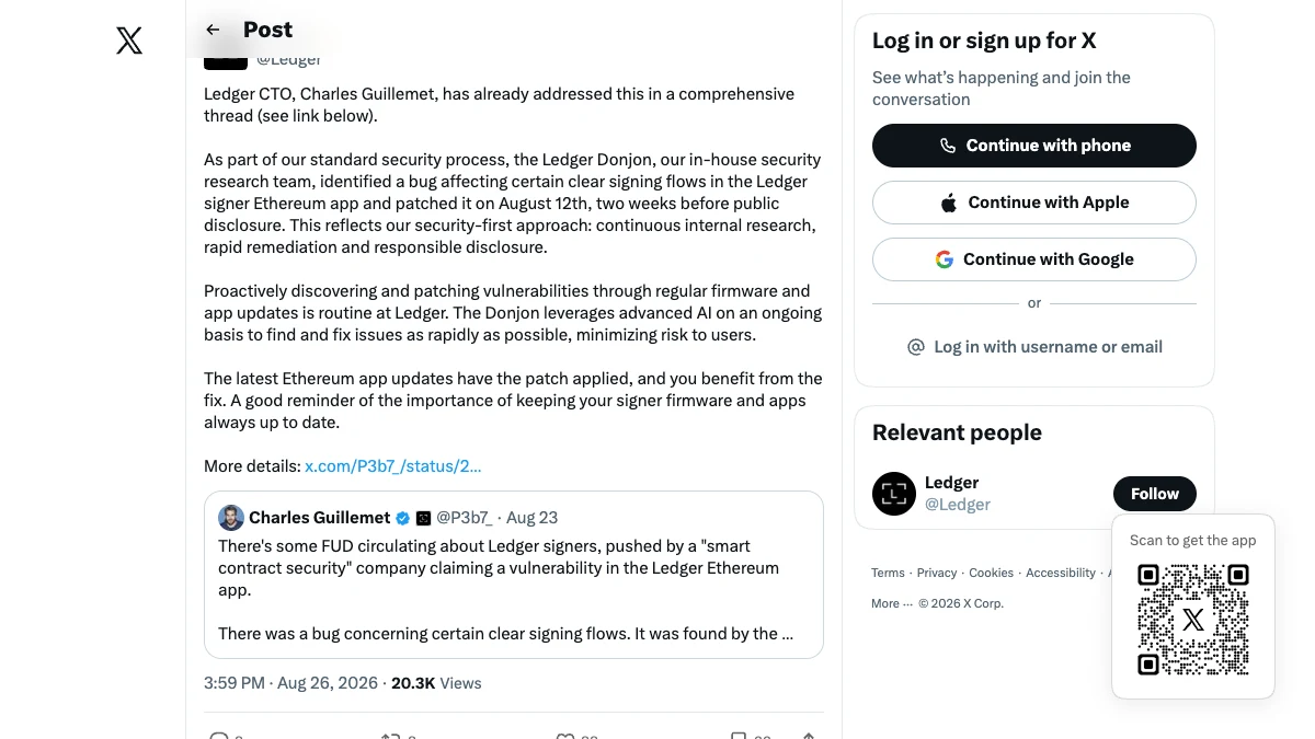 Ledger's official statement confirming a bug in certain clear-signing flows and saying it had already been patched
