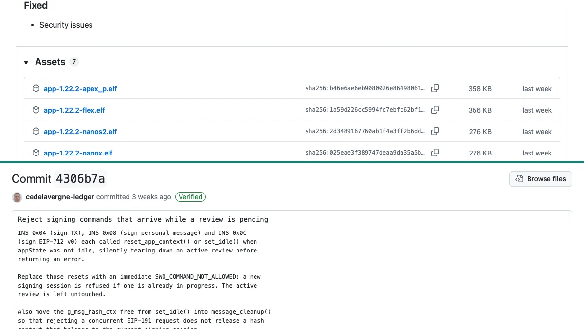 LedgerHQ's Ethereum app 1.22.2 release and a related signing-review code change