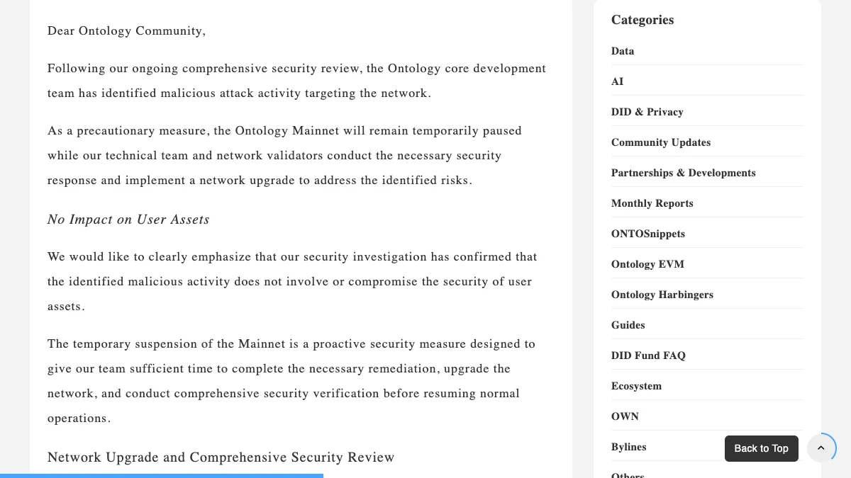 Ontology's later update confirming malicious activity targeting the network while stating that user assets were not affected