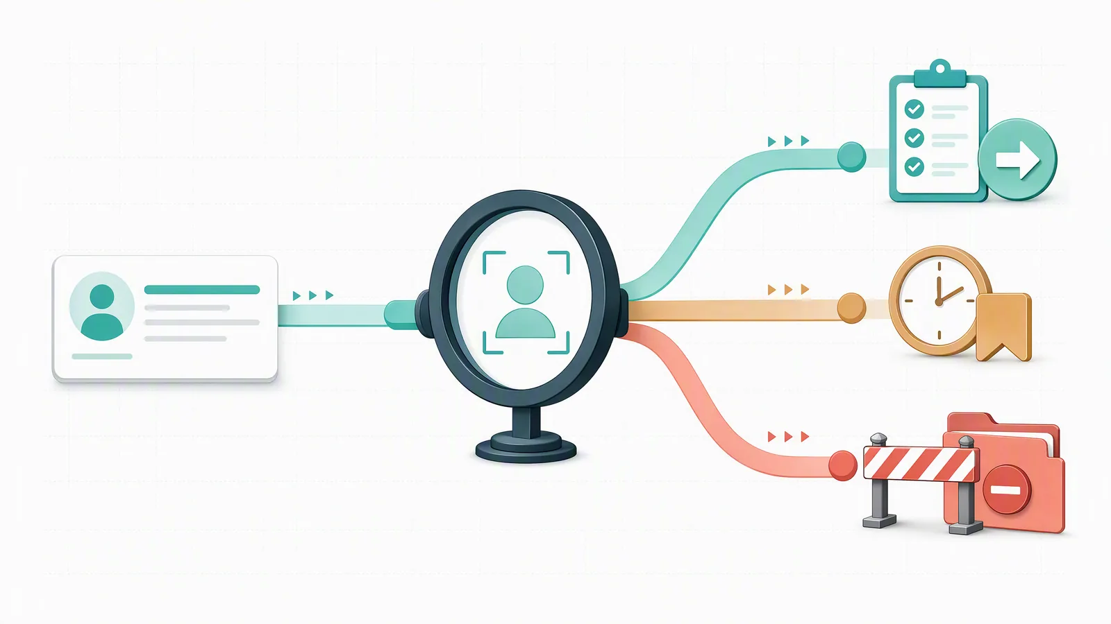 A candidate message passes through human review and branches into continued qualification, observation and stop outcomes