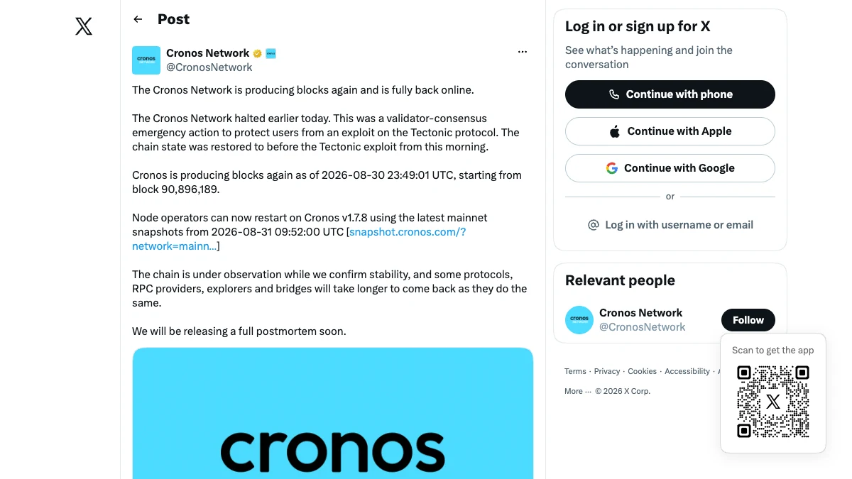 Cronos Network's official restart notice describing the validator-consensus action and pre-exploit state restoration
