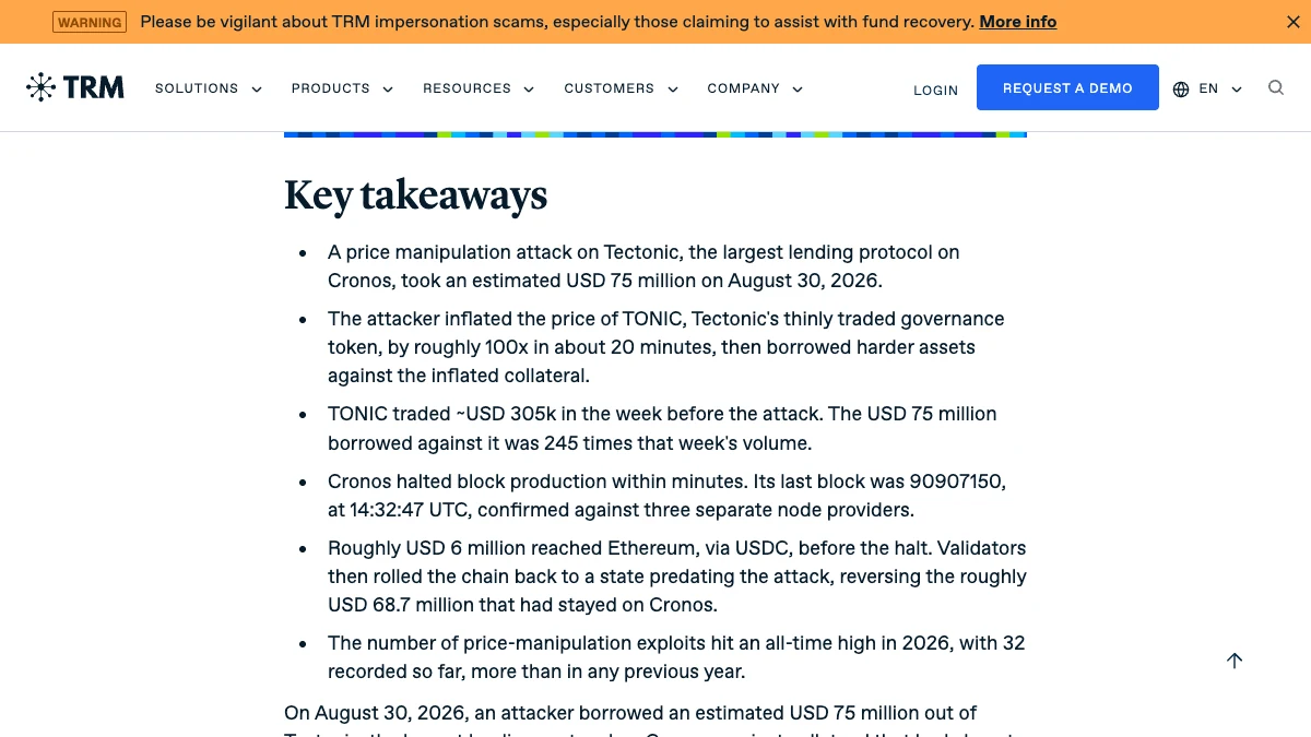 TRM Labs key takeaways describing its 100× price move, volume, borrowed-value and cross-chain estimates