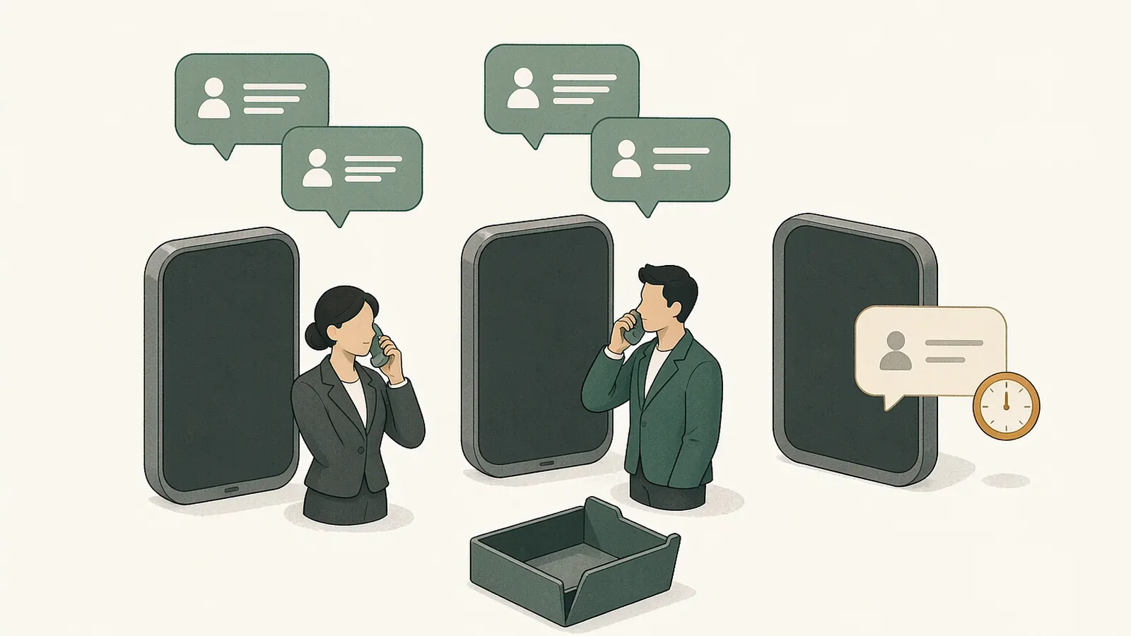 客户回复散落在多台设备上的示意图:同一个客户的气泡同时落在两个人手里,另一条一直没人接