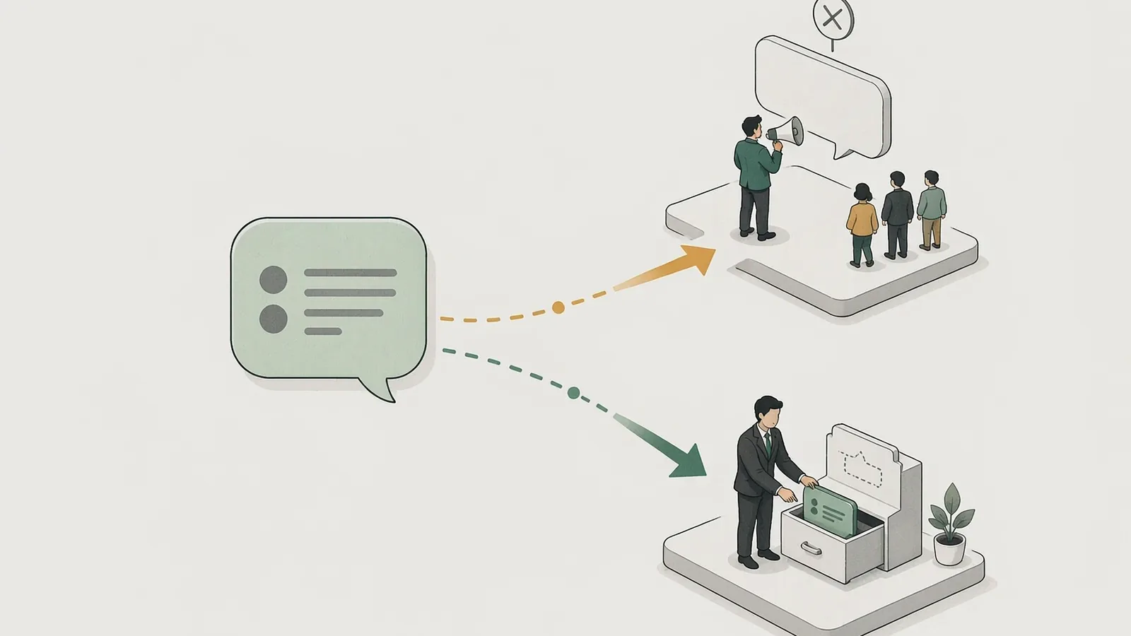 A diagram of one competitor complaint bubble splitting into two paths: one rushes into the group with an ad and is crossed out, the other is quietly filed into a tagged intelligence card