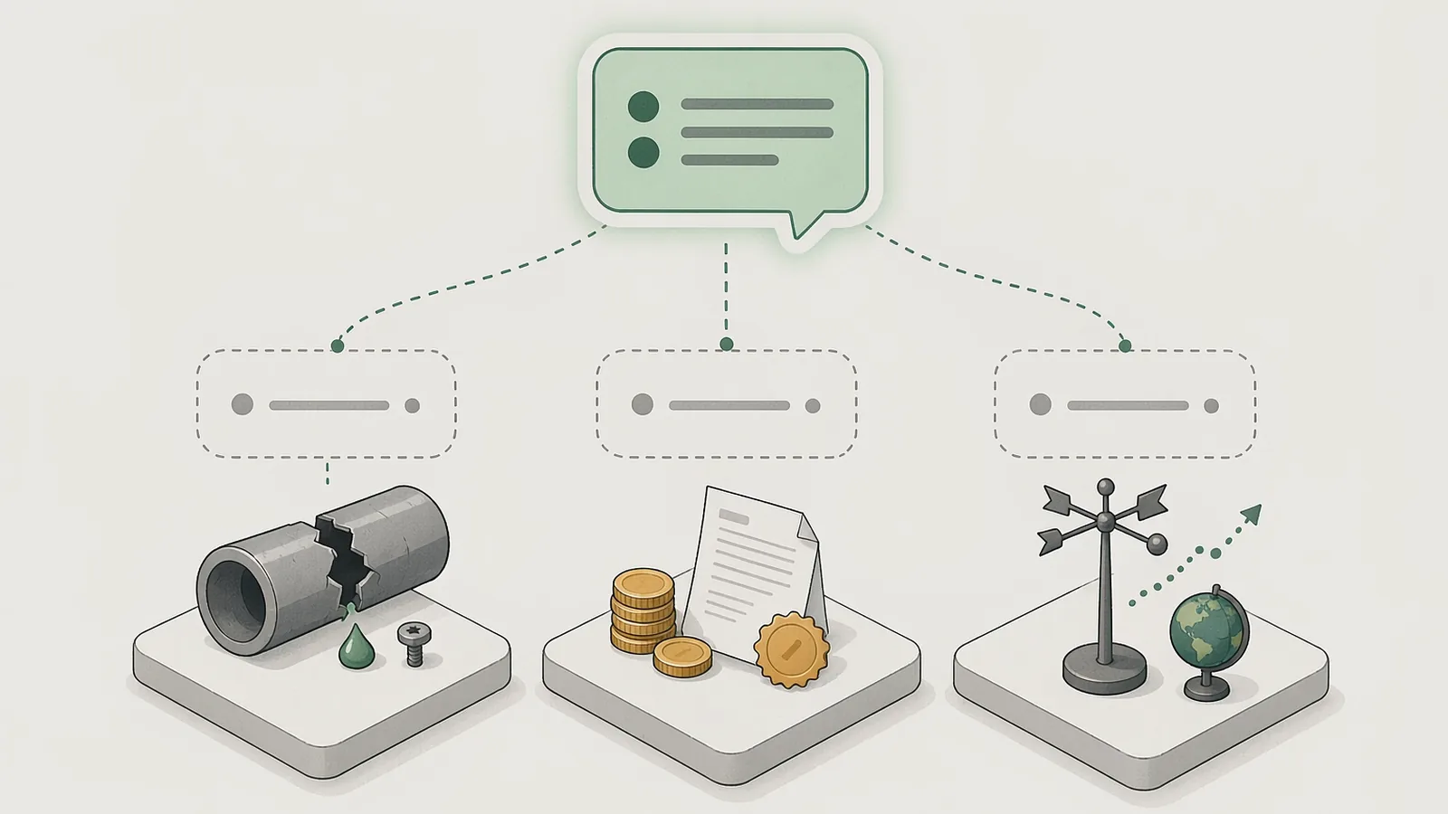 A diagram of three kinds of non-demand intelligence: product and service defects, real budget and purchasing process, and hidden industry direction, shown as three parallel cards each with a graphic marker