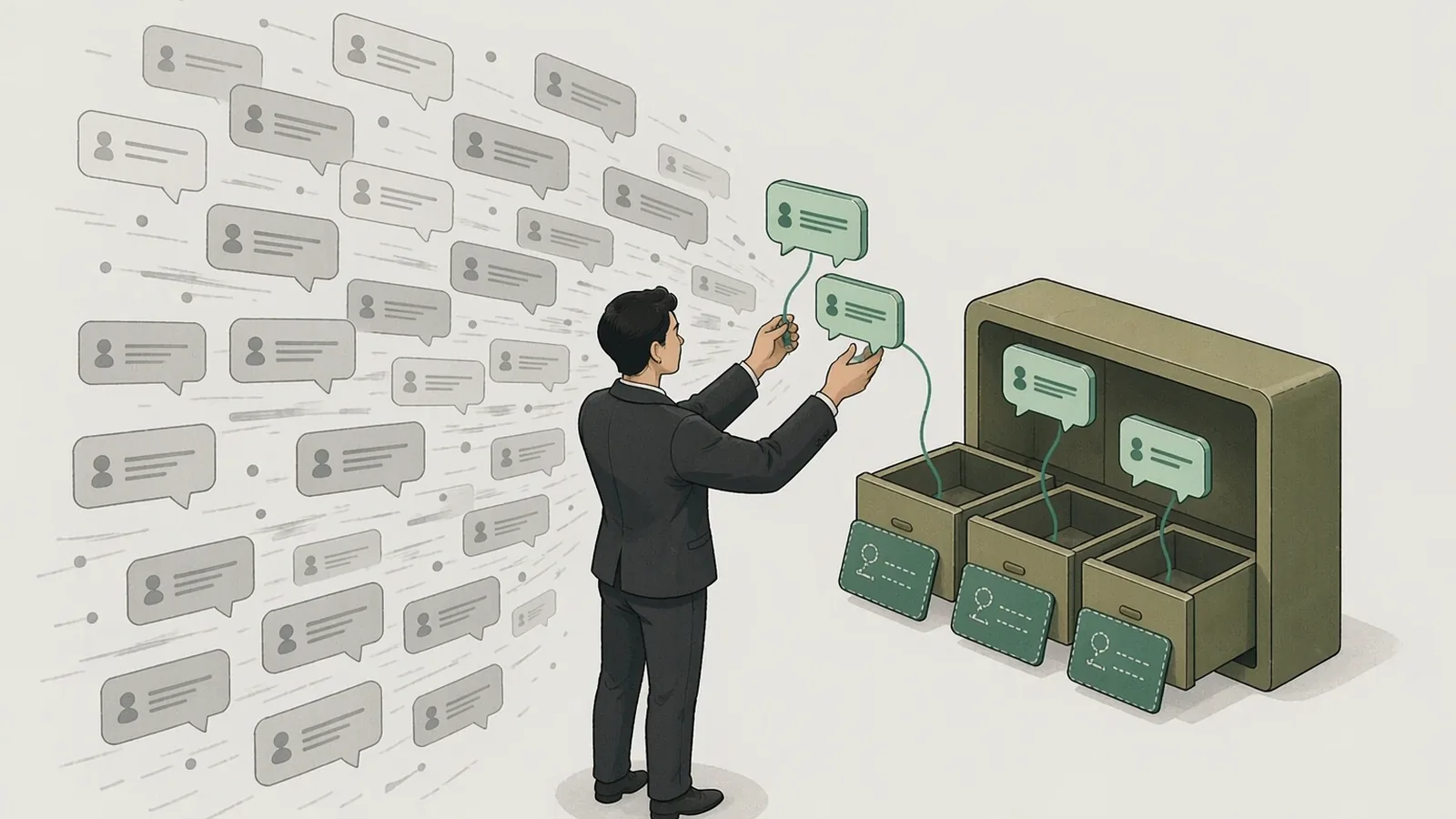 A diagram of scattered message fragments being lifted out of a message stream and stored into a structured cabinet with source and context tags