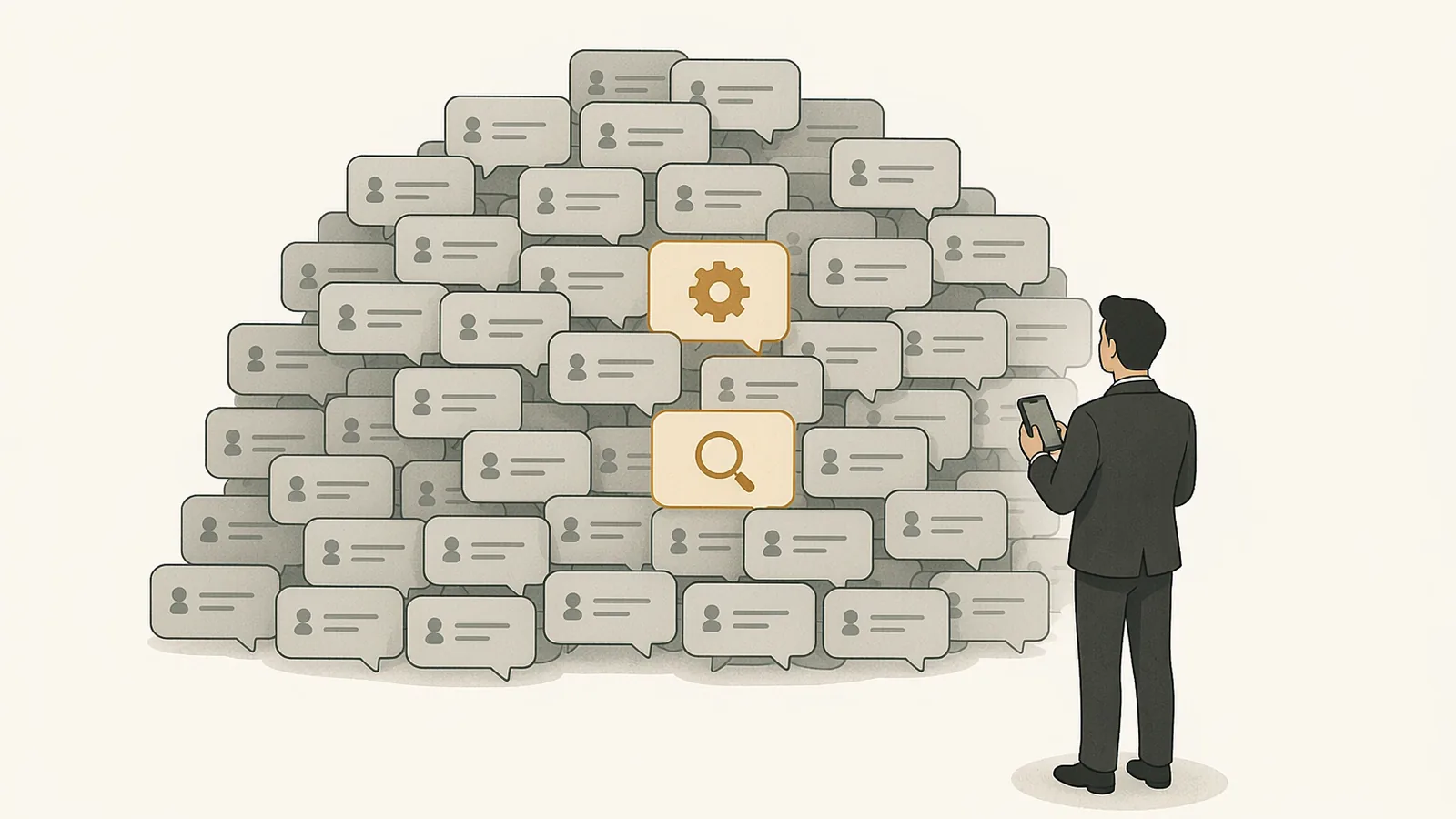A mountain of grey chat bubbles with only two highlighted bubbles — one carrying a gear icon, one a magnifier — pressed inside the pile, while a reader with a phone on the right searches upward but is blocked by the bubbles
