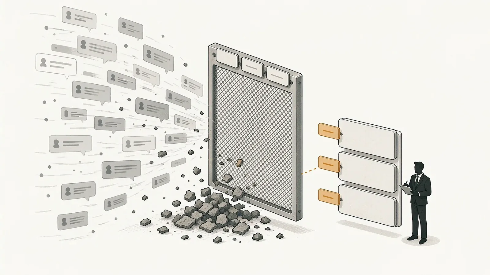 A stream of messages and rubble flowing toward a metal mesh panel in the middle, with three blank keyword tag plates along its top; blocked debris falls below, while the few fragments that pass through carry amber tags and stack into a tidy column of cards on the right beside an operator with a pen and a clipboard