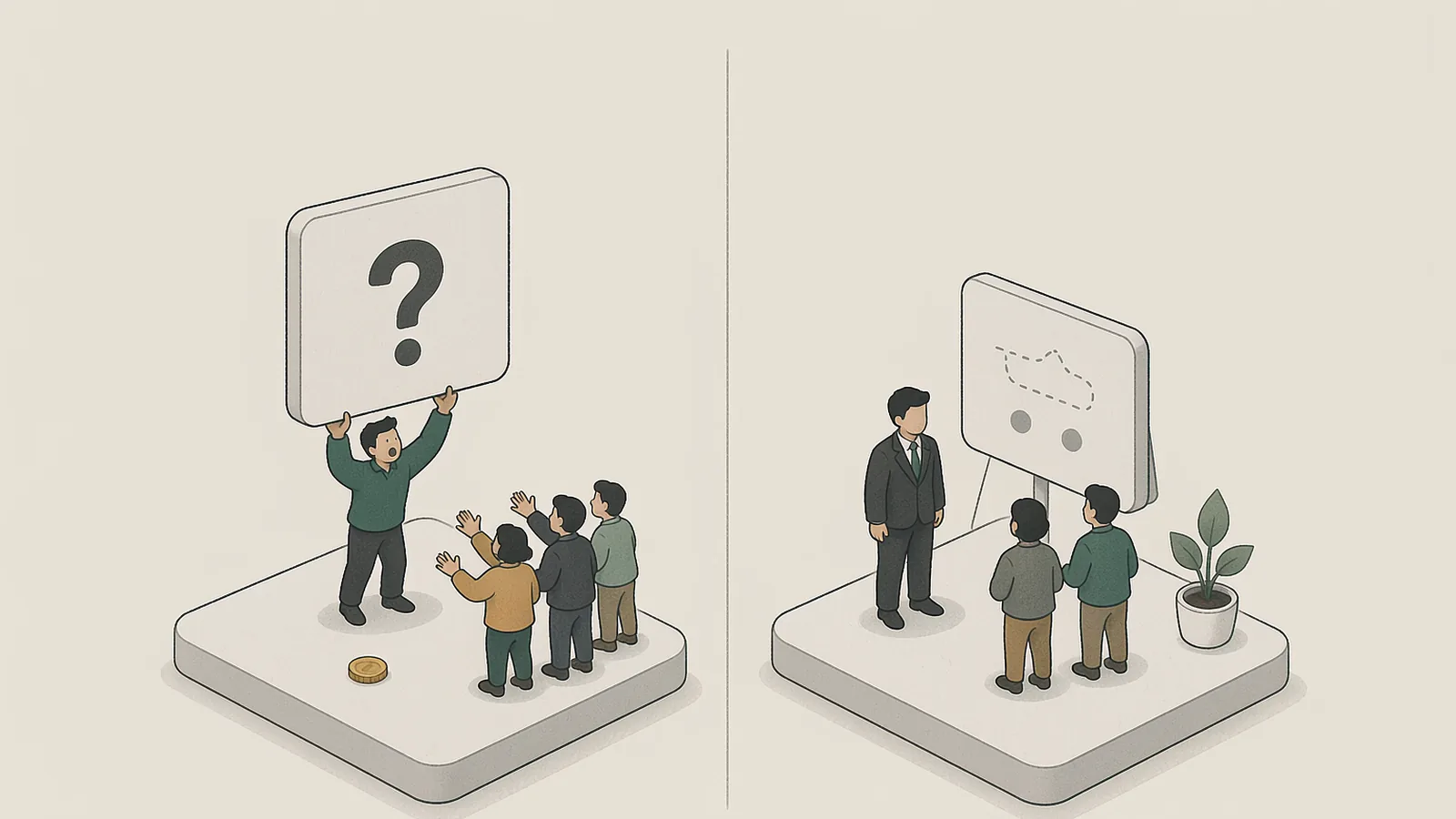 A diagram comparing two kinds of group members: on the left one figure holds up a question-mark placard appealing to a crowd while people reach out for handouts; on the right one figure calmly outputs expert insight at a whiteboard while listeners lean in and nod