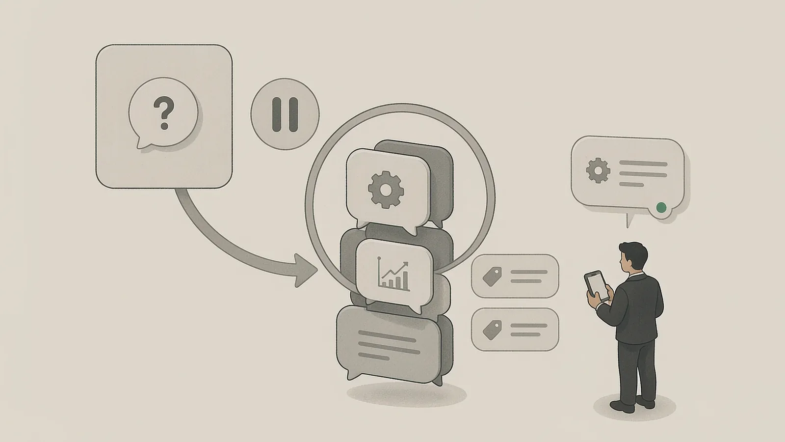 A high-value question from a group is first put on a pause marker, time flows right into a stacked pile of past messages, a magnifier scans them one by one, and only one business-keyword DM comes out at the end