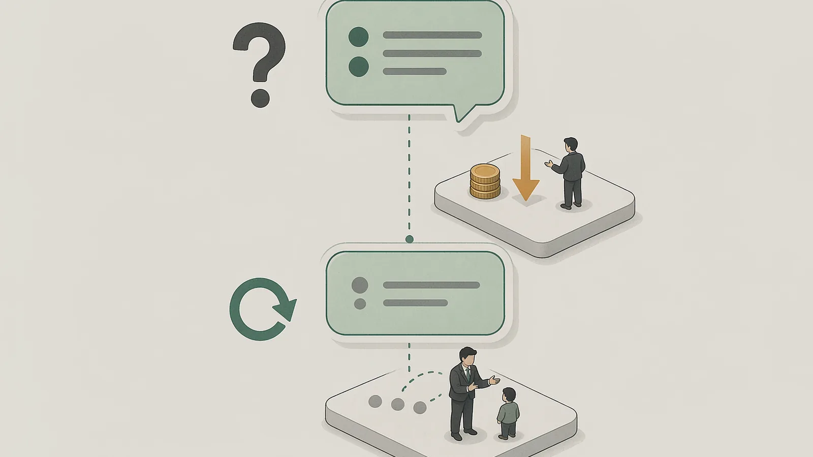 A diagram comparing two kinds of group messages: the upper bubble carries a question mark with coins and a downward arrow, representing a pure price-comparison request; the lower bubble carries a retry-loop arrow with a speaker breaking down technical points for a listener, representing a professional answer that asks nothing