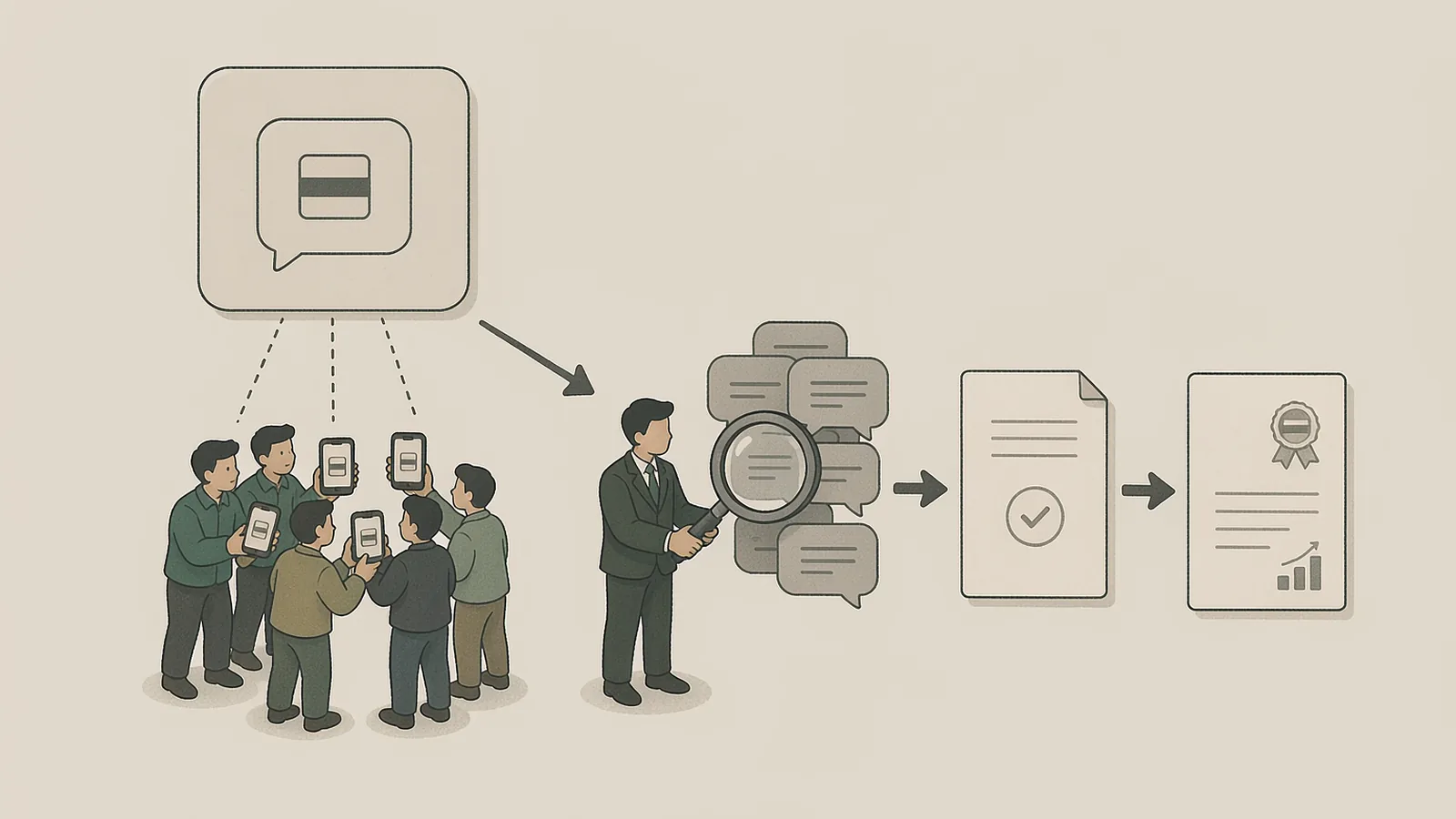 On the left a crowd of peers rushes at a card-swap request, while on the right one BD steps aside to dig through a file of past messages and then sends out only a compliance self-check sheet, the chain ending in a signed contract