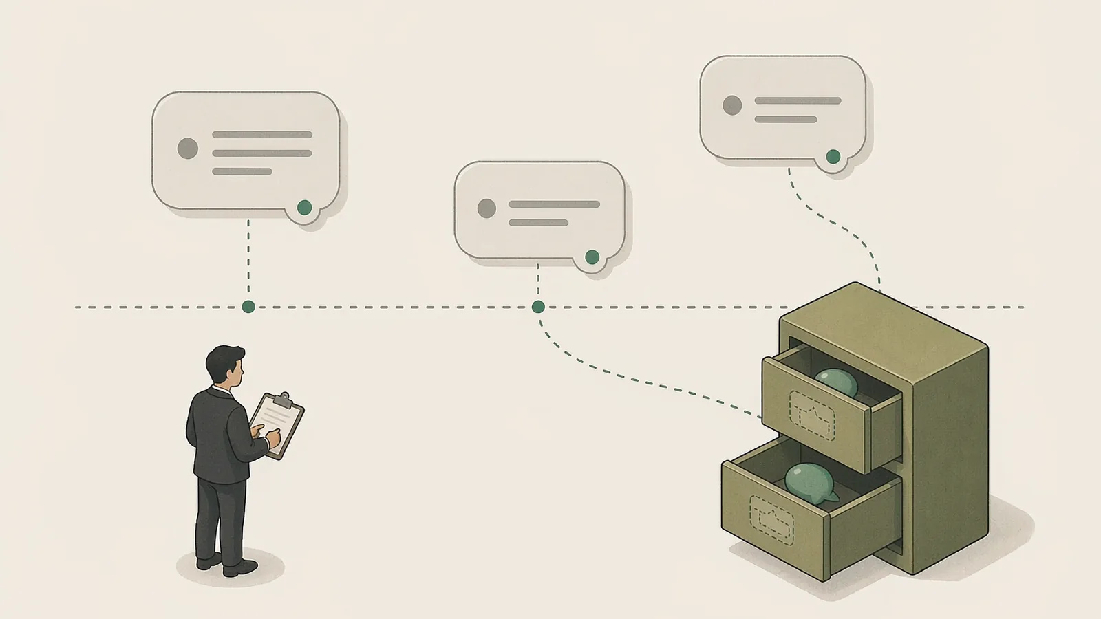 A diagram of a behavior file across time: a dashed timeline scattered with grey message bubbles, three of them highlighted green and drawn into a multi-drawer cabinet on the right, each drawer carrying a source tag; at the lower left an analyst with a clipboard looks back along the timeline