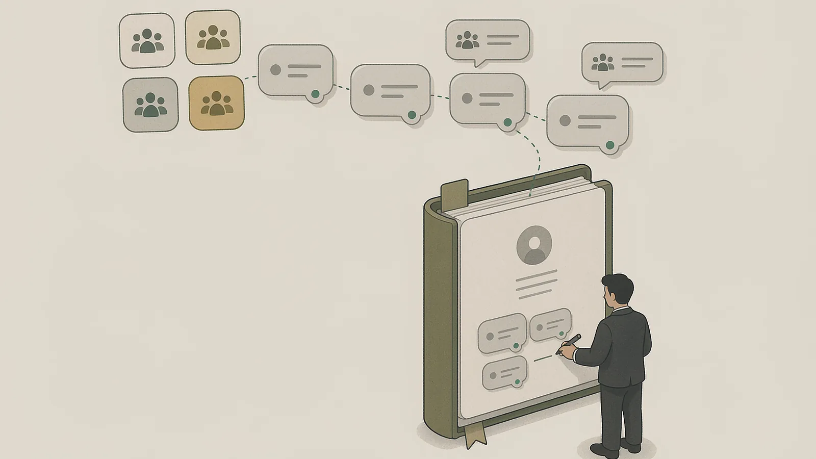 One client’s long-run messages are captured one by one and tagged with their source group, then settle into a browsable living file on the right, where a BD pages through it before the icebreaker and marks the technical interests