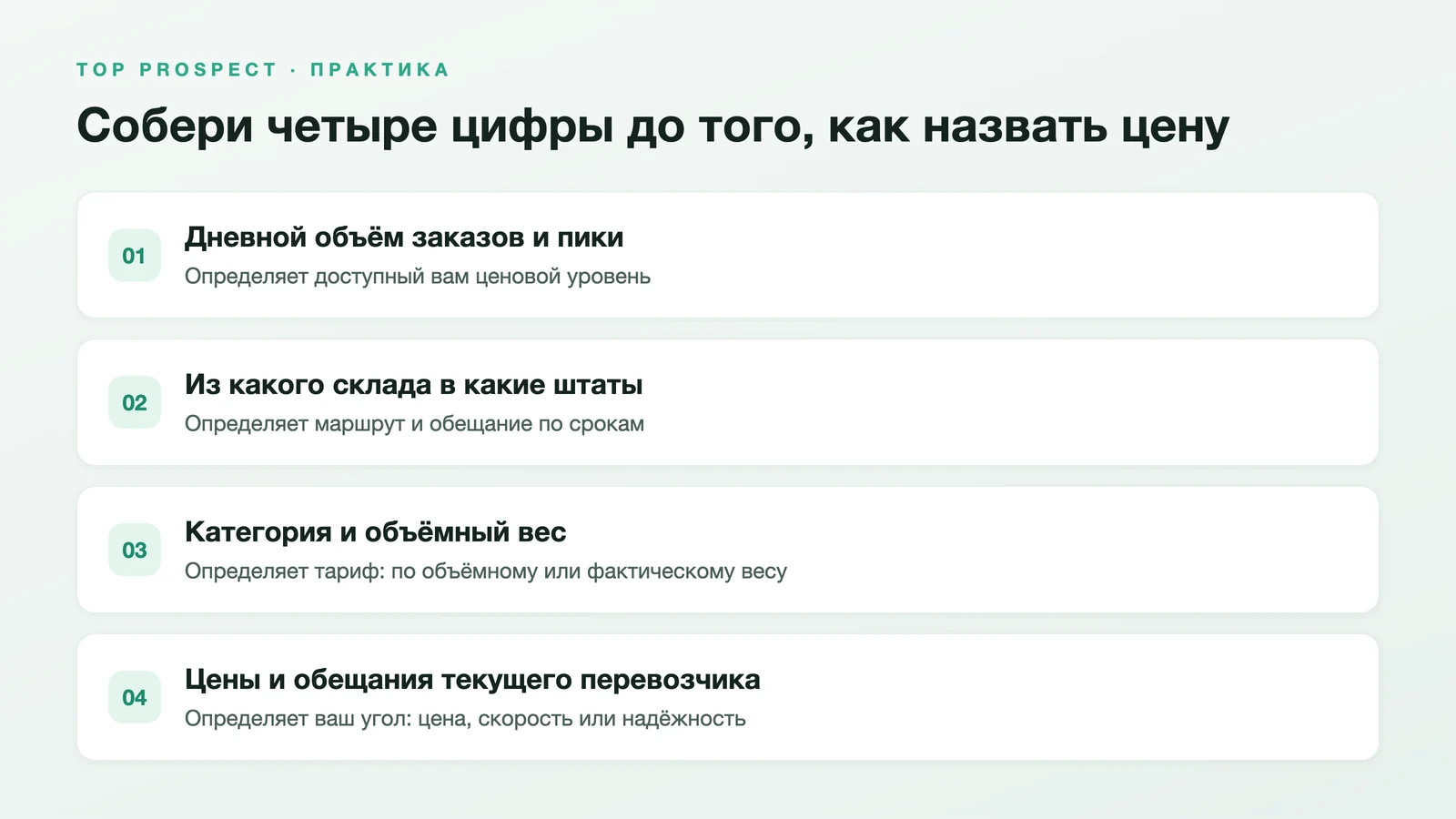 На схеме показаны четыре показателя для сбора перед отправкой предложения и то, почему каждый важен: объём задаёт ценовой уровень, маршруты — обещание доставки, габариты — метод биллинга, а текущий оператор — ваш угол; всё взято из текста.