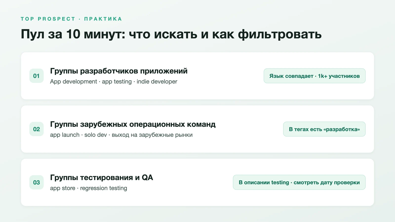Схема показывает три типа групп, где собираются постоянные покупатели, ключевые слова, которые можно использовать напрямую, и рекомендации по фильтрации по основному языку и числу участников — ключевые слова взяты из текста выше.