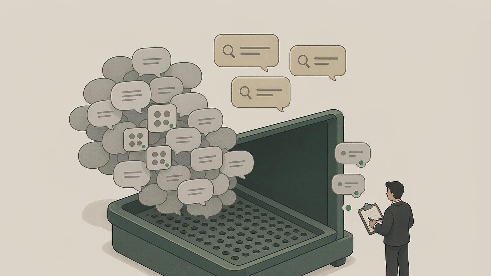 Diagram: hundreds of overnight group messages first pass through a keyword sieve, where a large mass of grey conversation bubbles is held back, and only a few bubbles make it through to land in the candidate column on the right, where a BD holds a clipboard and ticks them off one by one
