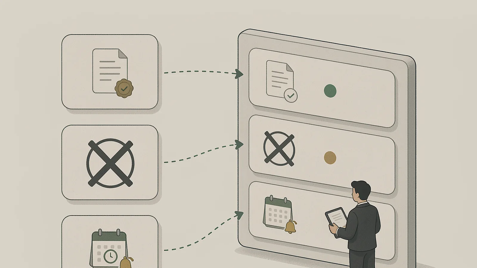 Diagram: three lead cards each slide along an arrow into one of three stacked status slots on a large board, carrying three markers respectively — an approved document, a circle crossed through by a thick dark cross, and a calendar with a reminder bell; three status dots in green, grey and amber sit in the slots, and a manager on the right checks the same board against a tablet