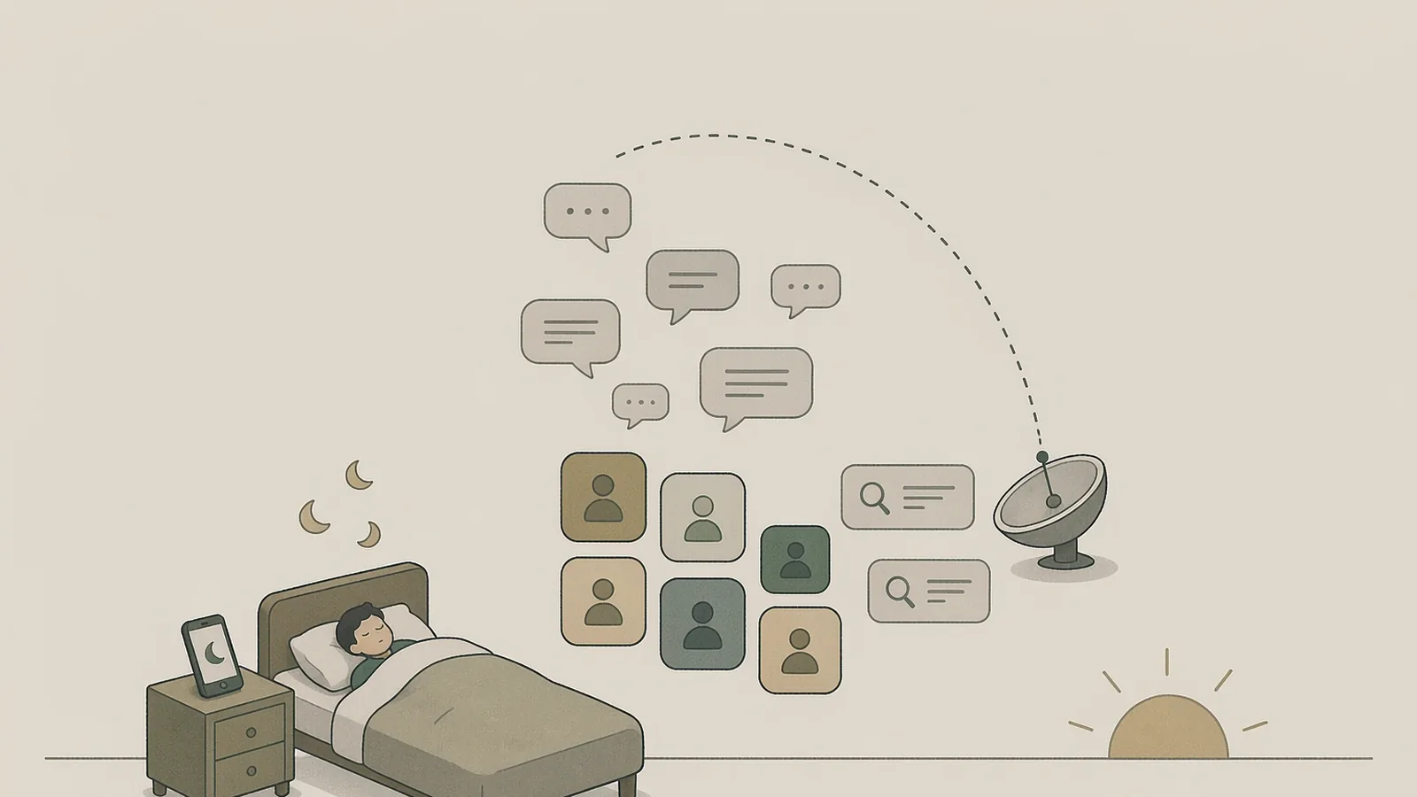 Diagram: on the left a person is already asleep while the phone on the nightstand shows a crescent moon; in the middle a cluster of group icons keeps emitting chat bubbles that drift upward under a wide dashed scanning arc sent by a small dish scanner, with two keyword chips marked by magnifiers nearby; at the far right edge a sun rises above the horizon line
