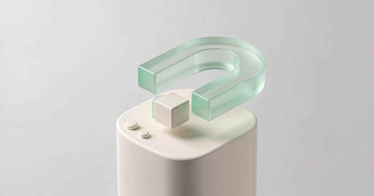 Una escena 3D en miniatura y luminosa: un imán de herradura de vidrio verde menta translúcido de baja saturación sobre una base redondeada de yeso blanco crema, atrayendo hacia su abertura pequeños cubos de yeso y un disco de vidrio verde menta, con dos diminutos puntos de yeso junto a la base, sobre un fondo gris blanquecino frío