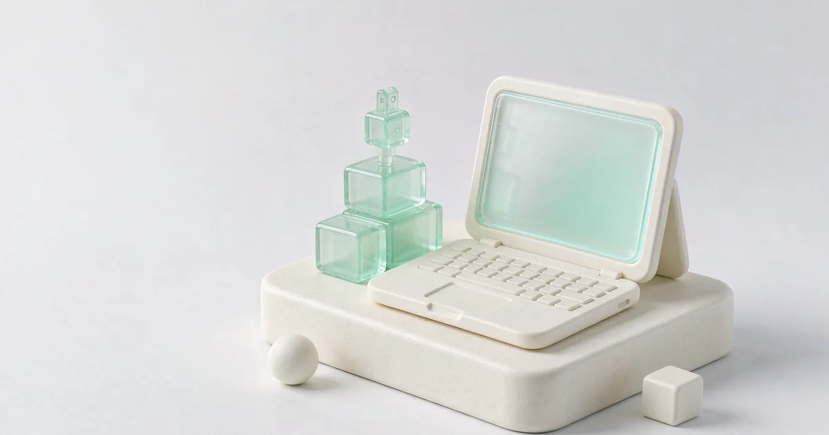 A bright 3D miniature scene: a matte cream-white plaster mini laptop half open on a low plaster surface with a pale teal translucent glass screen, three low-saturation mint-green translucent glass building blocks stacked beside it, the top block fitted with a small mint-green glass plug connector symbolizing API integration, a small plaster sphere and cube scattered at the front edge, against a cool light grey-white backdrop