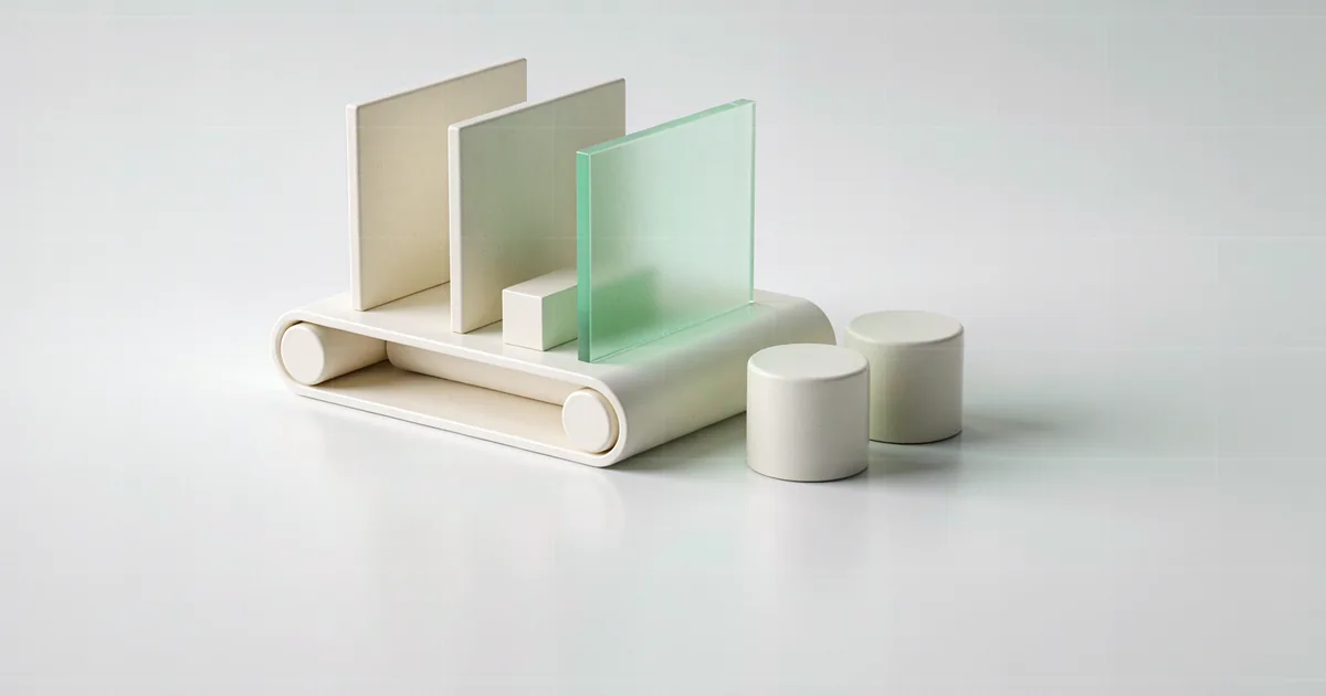 A bright 3D miniature scene: a low matte cream-white plaster roller conveyor with three thin vertical panels standing across it like successive gates, the left two in plain cream-white plaster and the rightmost one swapped for low-saturation mint-green translucent glass, a small plaster prism on the belt and two plaster roller cylinders beside it, against a cool light grey-white backdrop