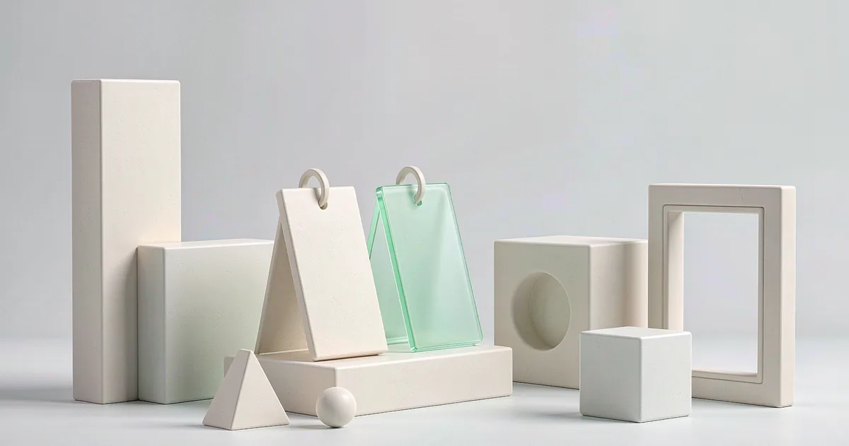 A bright 3D miniature scene: a low matte cream-white plaster desk calendar stand holding two leaning cards side by side, the left one plain cream-white plaster and the right one low-saturation mint-green translucent glass, a tiny plaster triangular block and a small plaster sphere resting on the ground in front, against a cool light grey-white backdrop