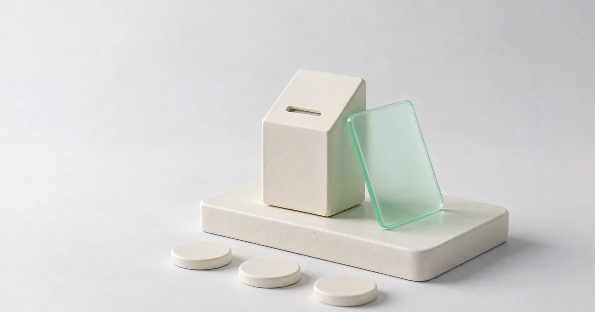 A bright 3D miniature scene: a minimalist mini card-payment terminal stands on a low cream-white plaster shelf — a small cream-white matte plaster column whose top leans forward into a blank panel with a single narrow recessed card slot; a low-saturation mint-green translucent glass card leans against the shelf just to the right of the terminal, its surface completely blank; three identical cream-white plaster discs lie flat on the floor in front of the shelf, spaced apart, against a cool light grey-white backdrop