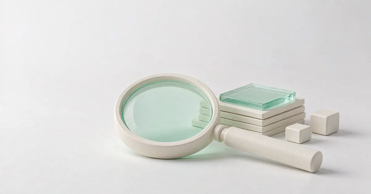 A bright 3D miniature scene: a low matte cream-white plaster-handled magnifier lying at a slight angle with a low-saturation mint-green translucent glass lens, a small stack of cream-white plaster cards beside the handle with one mint-green glass card on top, two small plaster cubes scattered nearby, against a cool light grey-white backdrop
