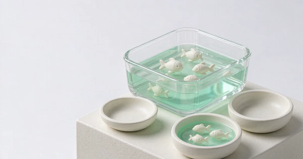 明亮的 3D 微缩场景：一只圆角透明玻璃水槽架在米白色石膏台座上，槽内盛着半透明薄荷绿液体，几枚奶白色石膏小鱼浮在其中，旁边两只石膏小碗一只盛满薄荷绿透光液体、里面同样有石膏小鱼，另一只完全空着，背景为冷调浅灰白